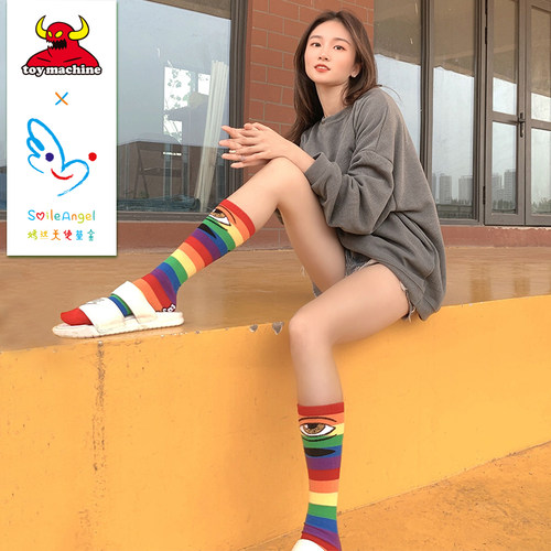 天使合作款中筒无脚彩虹滑板袜