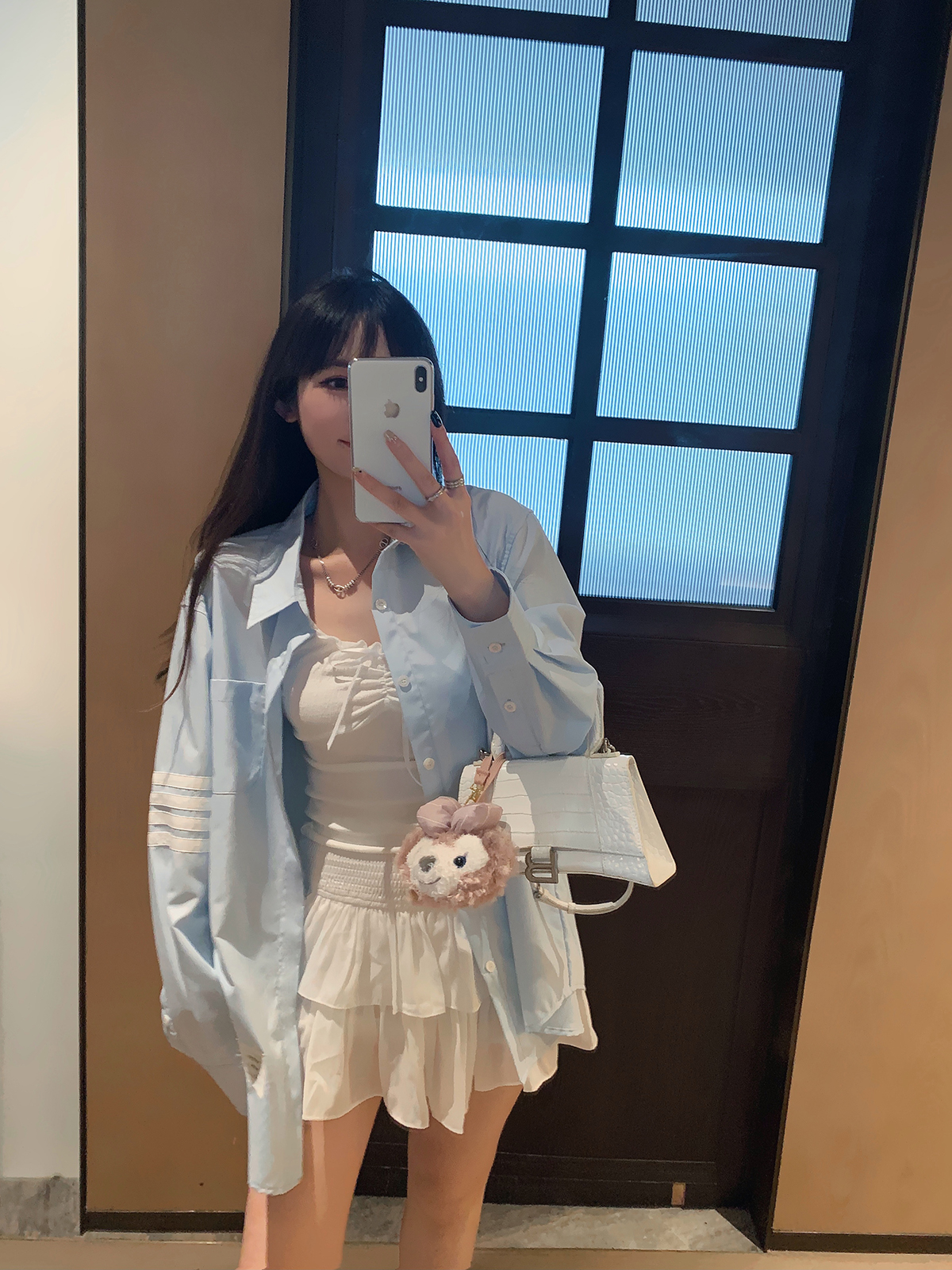庄大泥 2025初春新款薄款开衫奶蓝色四条杆衬衫女上衣衬衣