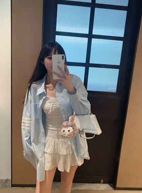 庄大泥 2026初春新款薄款开衫奶蓝色四条杆衬衫女上衣衬衣