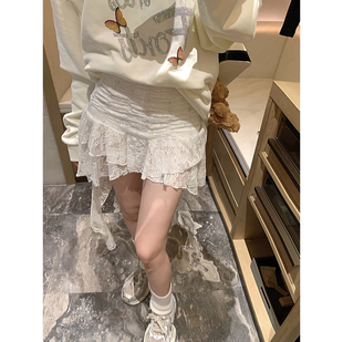 庄大泥 不规则白色蕾丝松紧腰百搭半身裙