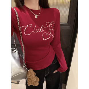 长袖 气质红优可丝薄绒软糯珍珠打底衫 修身