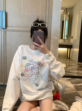 清仓no退】棉雪白k猫印花圆领卫衣女宽松休闲百搭上衣