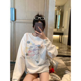 庄大泥 k猫印花圆领卫衣女宽松休闲百搭上衣 棉雪白2025秋冬新款
