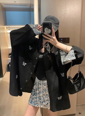 庄大泥 黑色亮片立体蝴蝶结春夏薄款长袖衬衫衬衣女