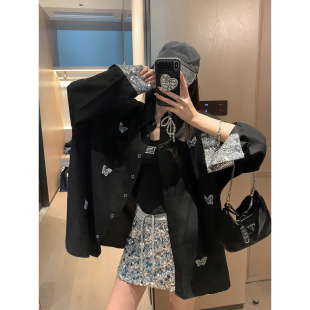 衬衫 长袖 衬衣女 黑色亮片立体蝴蝶结春夏薄款 庄大泥