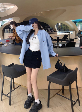 庄大泥 花刺绣图标雾霾蓝衬衫外套女中长款宽松休众长袖春秋衬衣