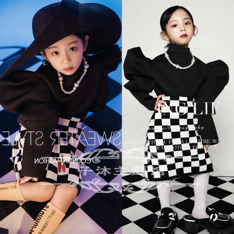 新款潮童走秀模卡造型比赛t台表演出黑色炫酷赫本风影楼写真服装