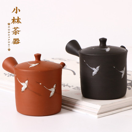 日本常滑烧侧把泡茶壶 玉光陶壶朱泥手绘三鹤平型横手急须壶