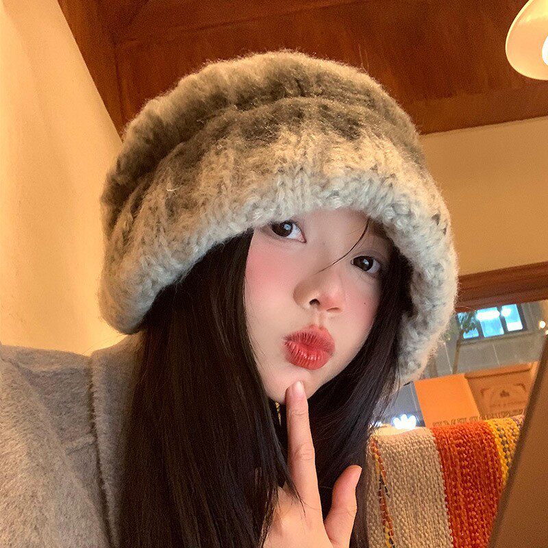 堆堆帽子女式渐变毛线帽子女秋冬季日系复古大头围宽松保暖针织帽