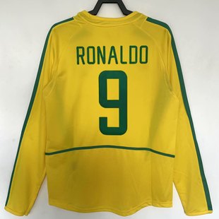 复刻版2002年世界杯巴西队主场长袖复古球衣大小罗里瓦尔多足球服