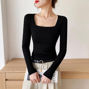 黑色方领打底衫长袖女秋冬内搭2025年新款大领口高级感显瘦上衣潮