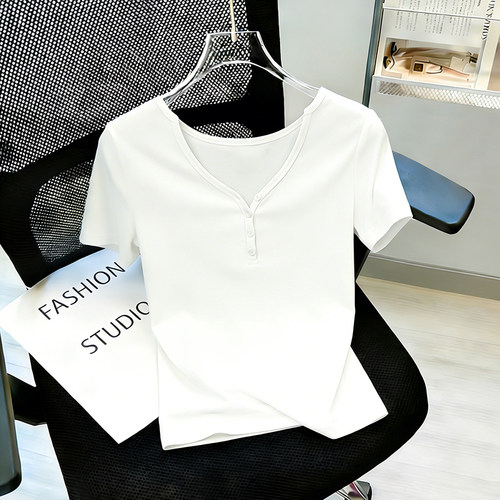 白色v领短袖t恤女百搭纽扣修身