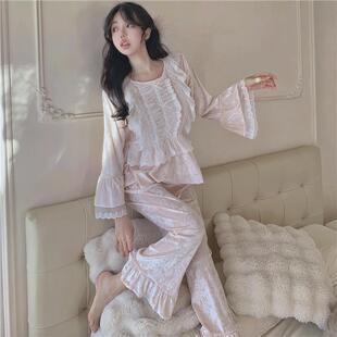 新款金丝绒睡衣女秋冬季长袖长裤套装宫廷风砖石绒蕾丝花边家居服