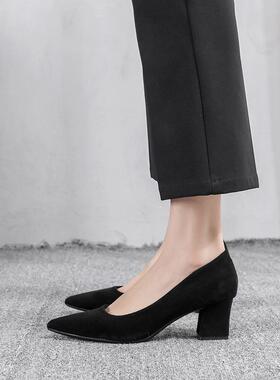 RM-85公务员面试黑色高跟鞋女尖头上班职业工作粗跟绒面礼仪单鞋