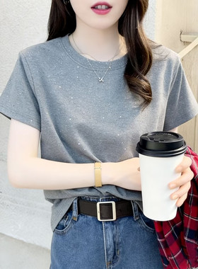 灰色短袖T恤女士夏季正肩闪砖亮片时髦上衣洋气时尚减龄新款百搭