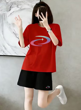 休闲时尚运动套装女夏2026大红色短袖短裤两件套宽松洋气减龄跑步