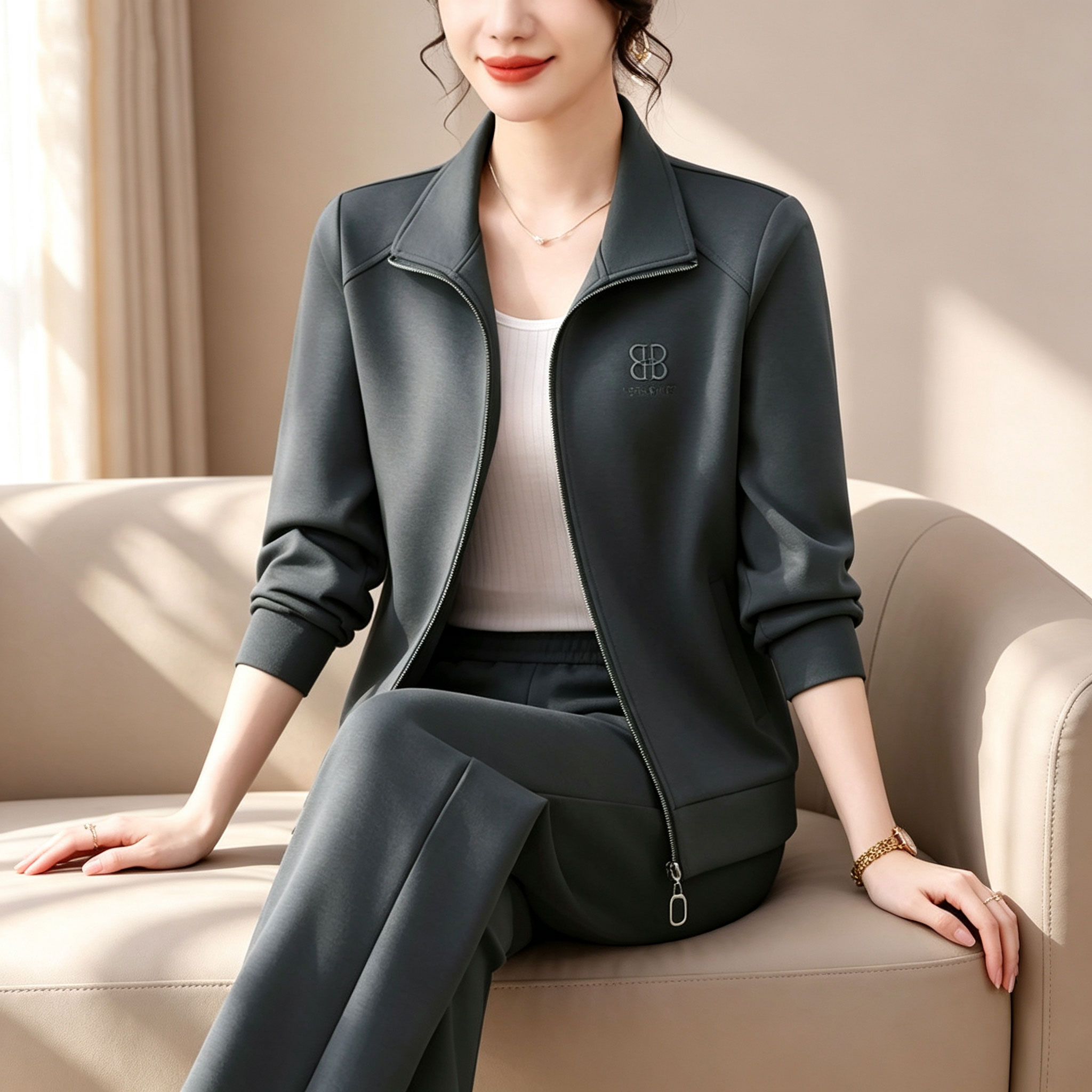 中老年妈妈高级感运动服套装女秋季时尚休闲翻领开衫阔腿裤两件套