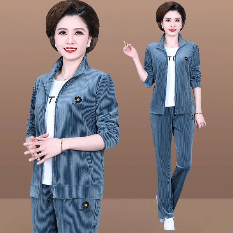 中老年妈妈秋装品牌金丝绒运动服外套女中年人灯芯绒休闲三件套装