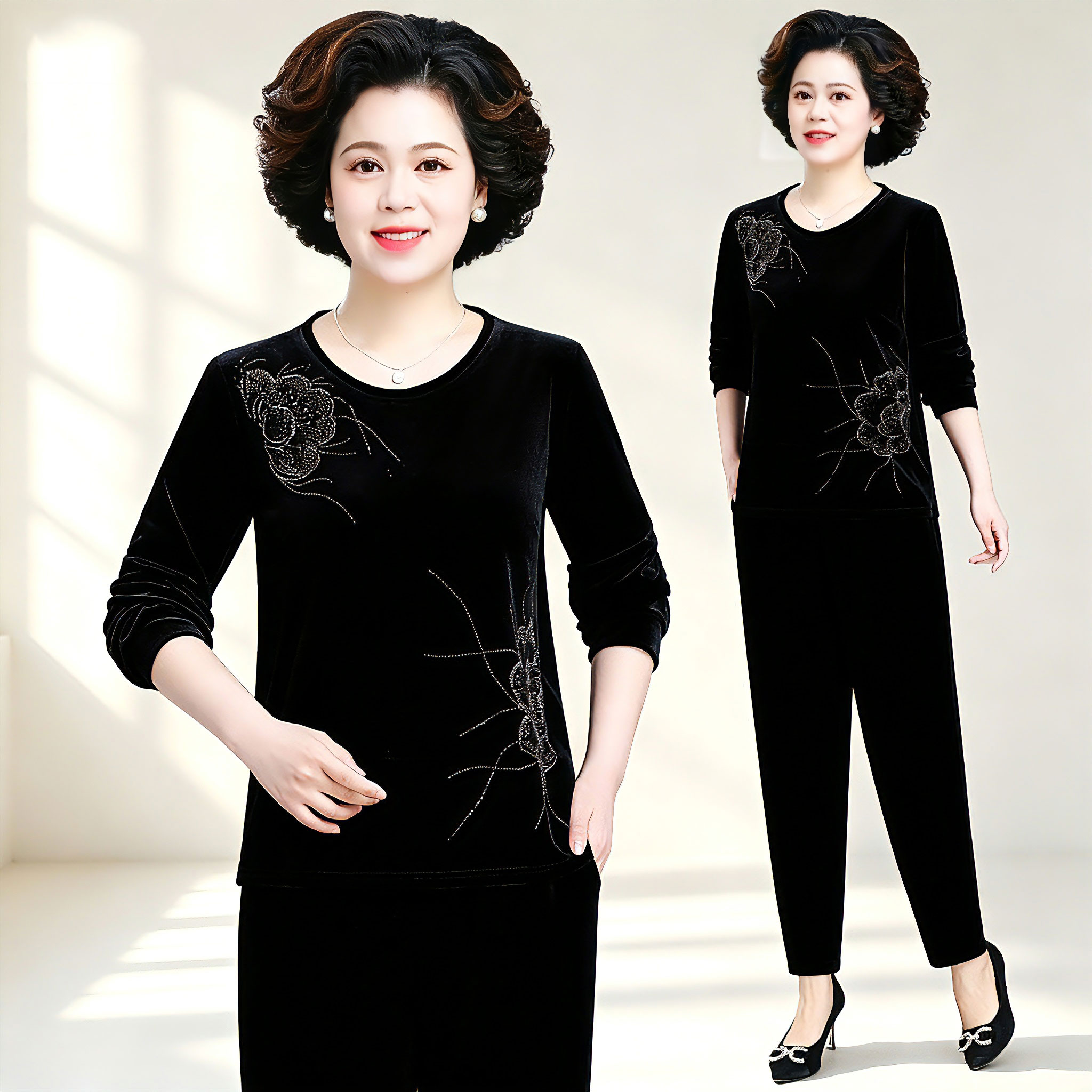 妈妈装金丝绒运动套装2026新款中老年女秋季国风刺绣休闲服两件套