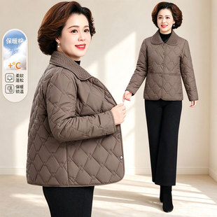 2026秋冬季短款棉服女中老年妈妈菱格纹宽松轻薄棉衣外套保暖棉袄