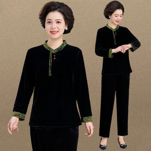 中老年妈妈春季金丝绒休闲上衣新中式国风小衫女奶奶洋气卫衣套装