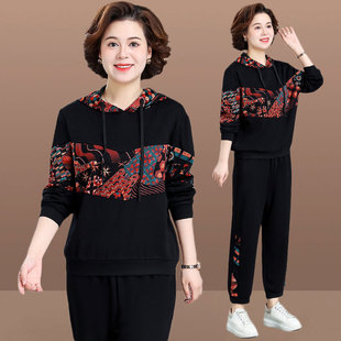 中年人显瘦遮肉卫衣休闲两件套装 洋气运动服女大码 中老年妈妈春装