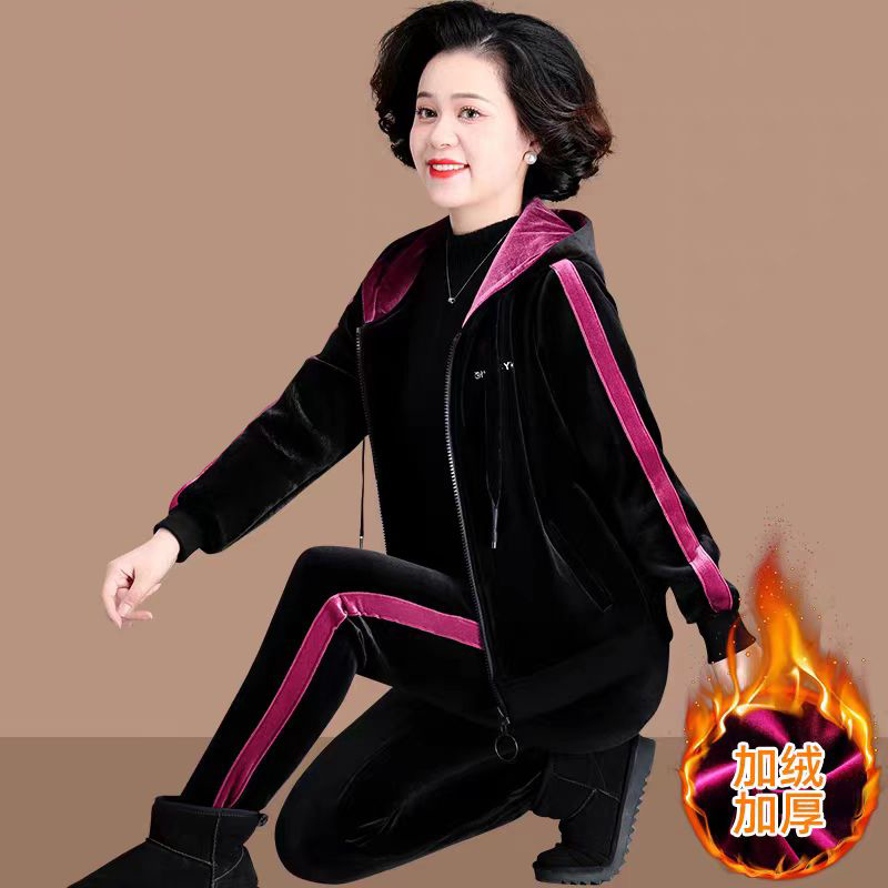 中老年妈妈冬季金丝绒运动服加厚加绒休闲外套女奶奶高端两件套装