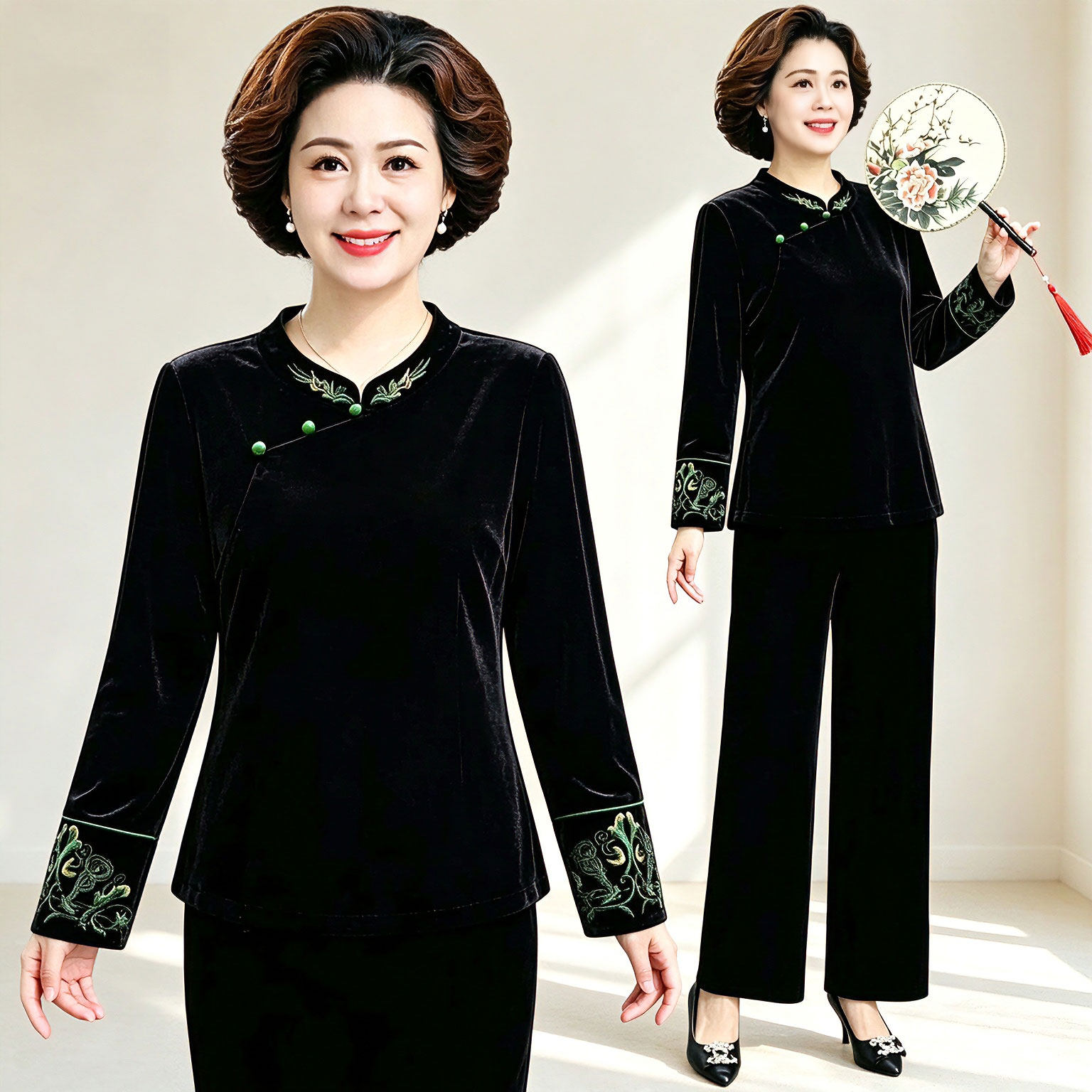新中式国风秋季绣花金丝绒套装女中老年妈妈装洋气减龄休闲两件套