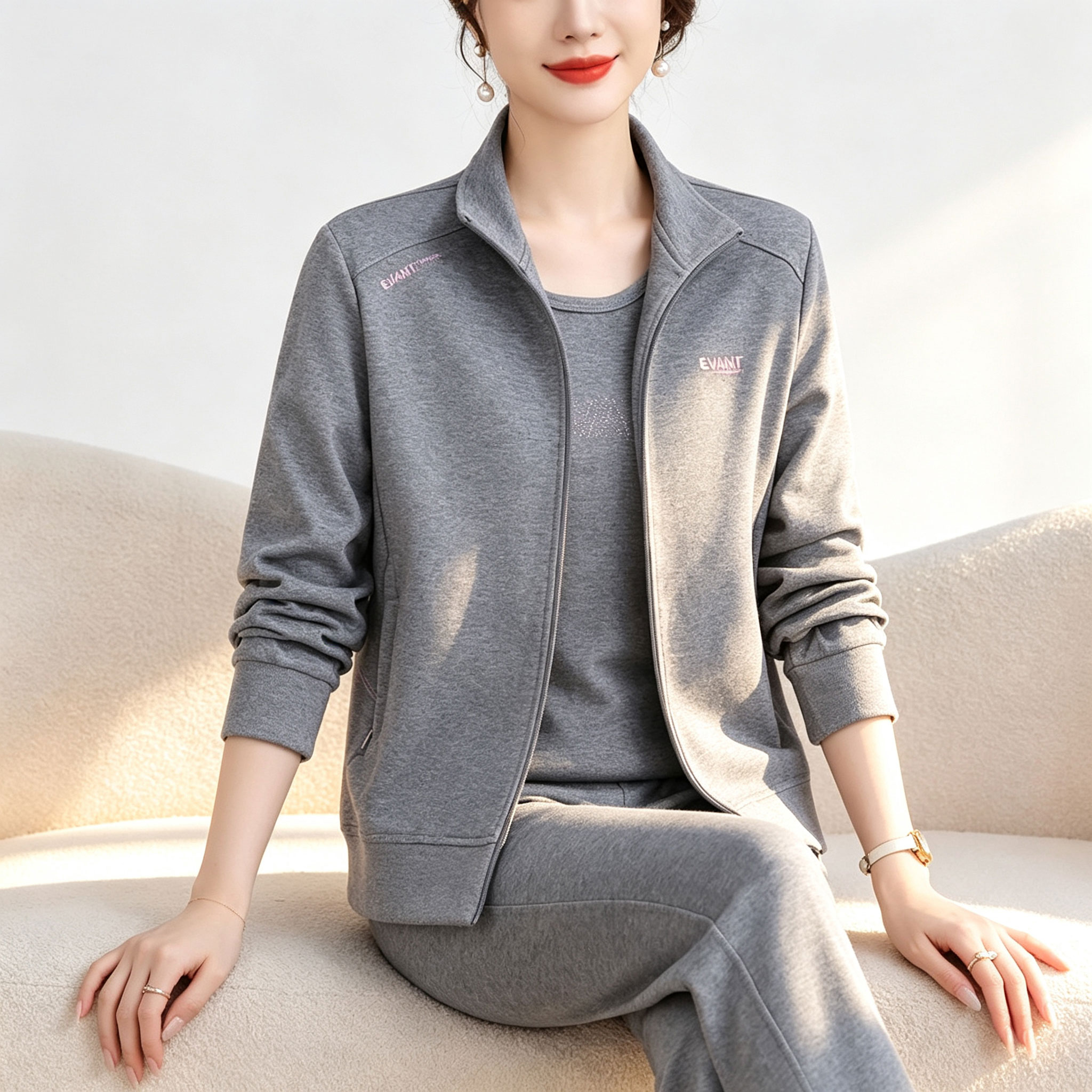 中老年妈妈时尚运动套装女2026秋季新款阔太太休闲开衫卫衣三件套