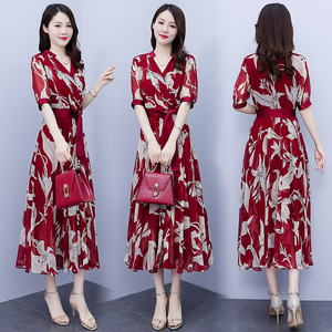 RY1846#中袖拼接高腰长裙V领撞色印花大摆雪纺气质连