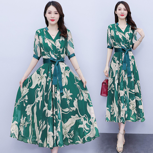 RY1846#中袖拼接高腰长裙V领撞色印花大摆雪纺气质连