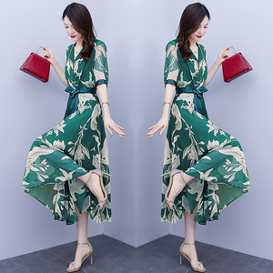 RY1846#中袖拼接高腰长裙V领撞色印花大摆雪纺气质连