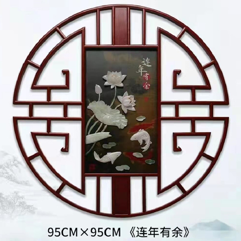 东阳木雕中式实木圆形玉雕挂件客厅背景墙装饰画走廊玄关立体挂画