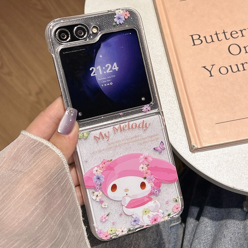 适用于zflip6代三星zflip7手机壳zflip5上下折叠屏透明保护套滴胶花朵美乐蒂kitty猫kt猫硅胶立体挂绳卡通女