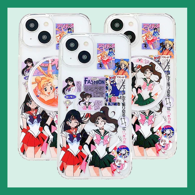 适用iphone16promax苹果16手机壳13磁吸14支架12防摔11透明美少女战士动漫复古碟片CD卡通无线充电保护套软边