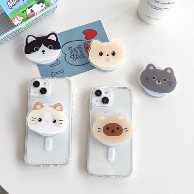 适用苹果三星磁吸支架小猫咪狗狗动物可爱ins风伸缩指环扣手机壳
