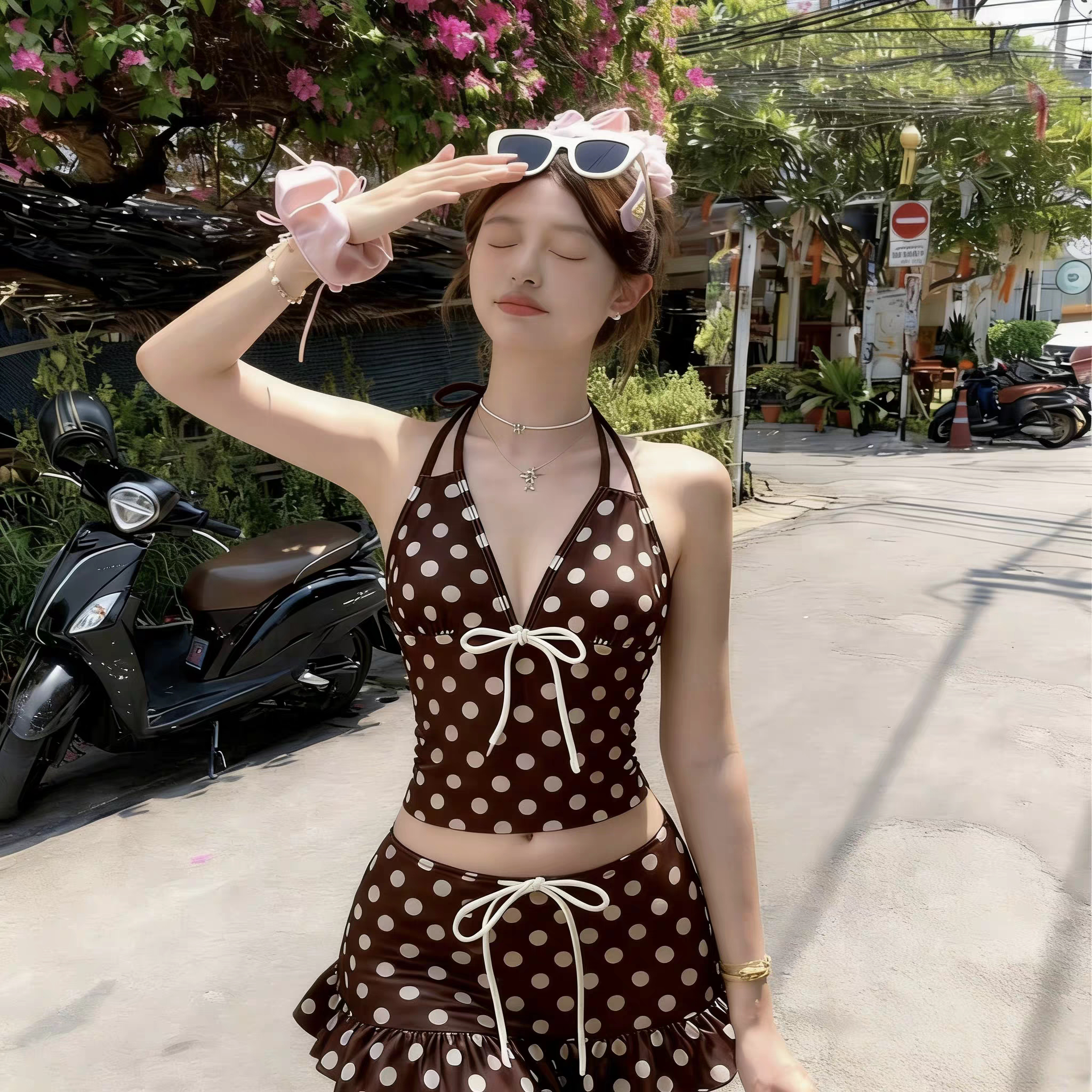 泳衣女裙式分体波点比基尼三件套