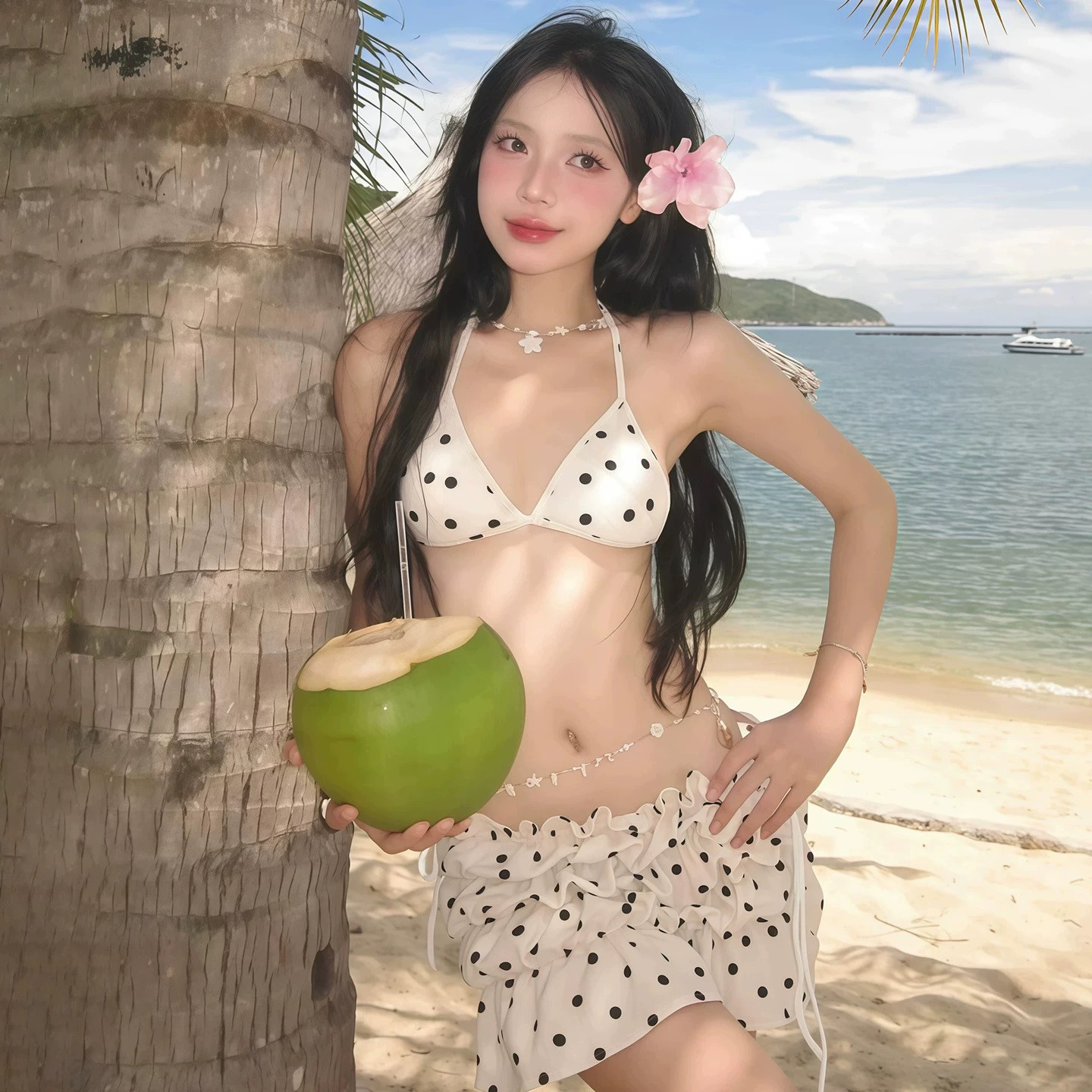 绝美白色波点挂脖比基尼泳衣女