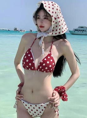 泳衣女三件套撞色红色波点泳池温泉分体比基尼三点式挂脖绑带泳装