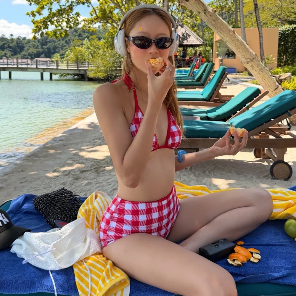 泳衣女红格子挂脖比基尼分体高腰
