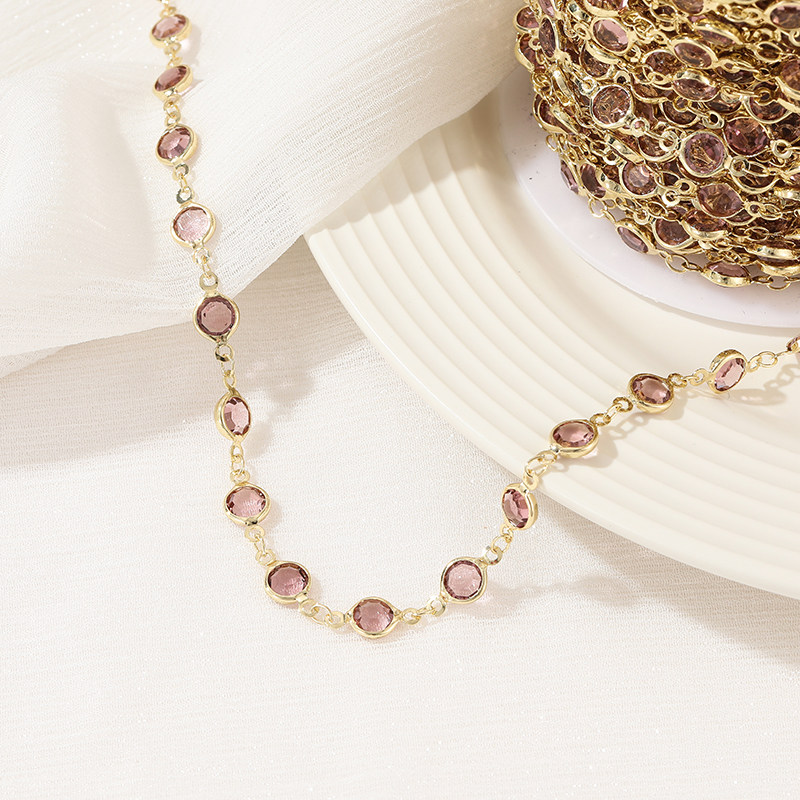 14K GOLD-FILLED COLOR-PRESERVING ROUND PINK AMETHYST BEADS CHAIN ACCESSORIES HANDMADE DIY NECKLACE MATERIAL BRACELET JEWELRY LOOSE CHAIN