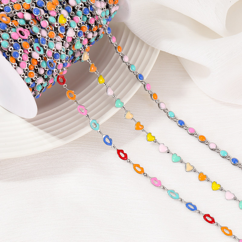 COLOR DROP GLAZE PEACH HEART CHAIN COLOR RETENTION TITANIUM STEEL CHAIN LIP NECKLACE ROUND BRACELET MATERIAL DIY JEWELRY ACCESSORIES