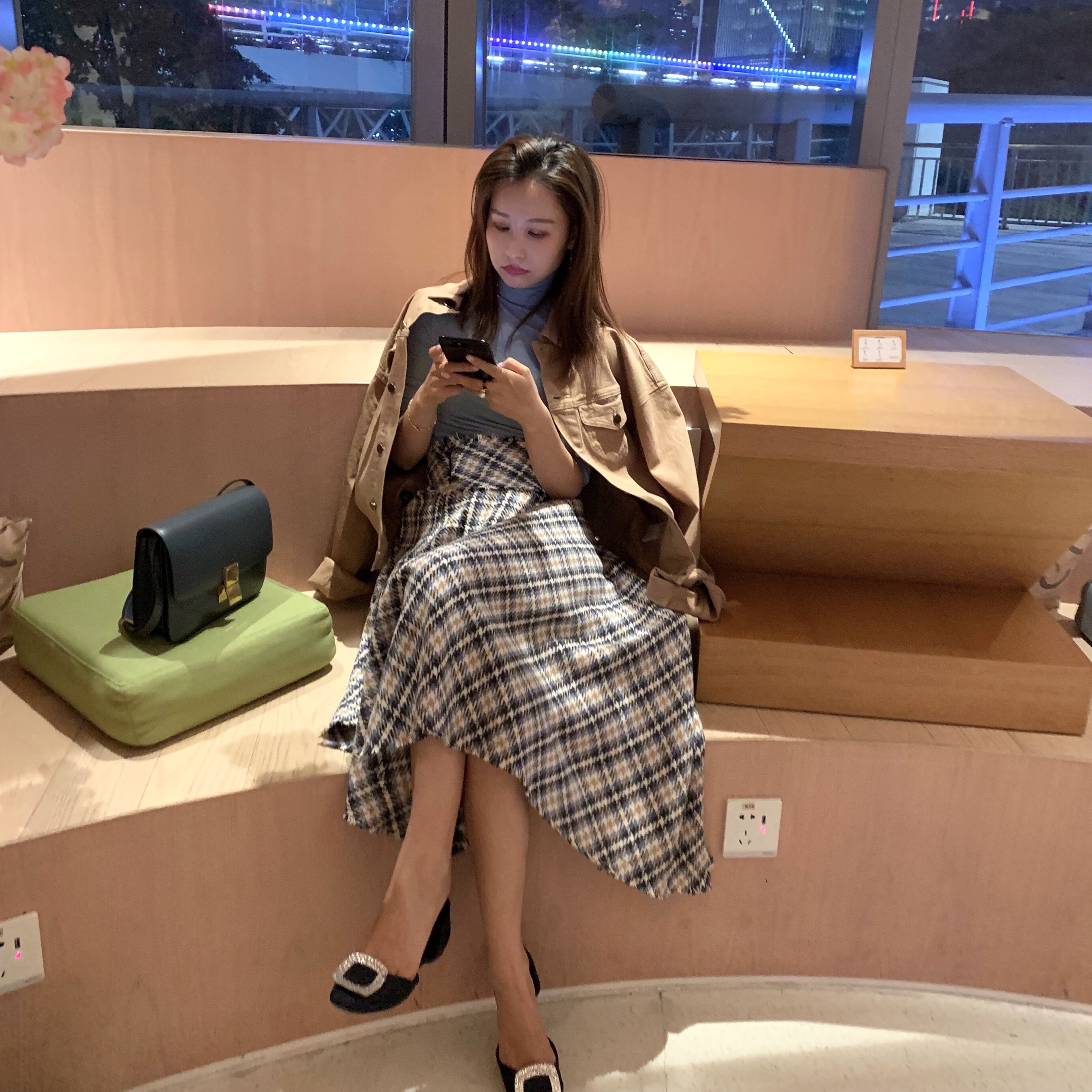 BLUE COLLECTION 千鸟格毛呢半身裙中长款不规则显瘦遮肚女半裙