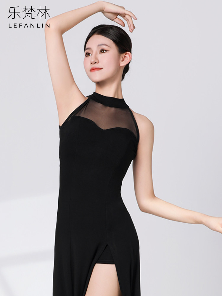 古典舞服装黑色法式连衣裙飘逸高开衩现代爵士舞形体练功服装长裙