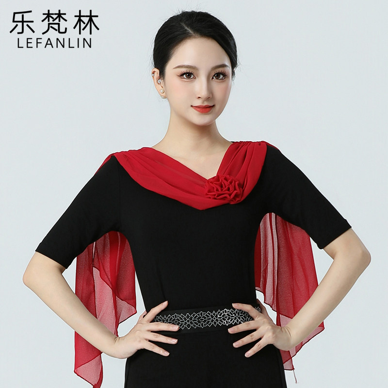 舞蹈上衣显瘦新款形体服摩登拉丁现代舞服装女V领玫瑰花练功服