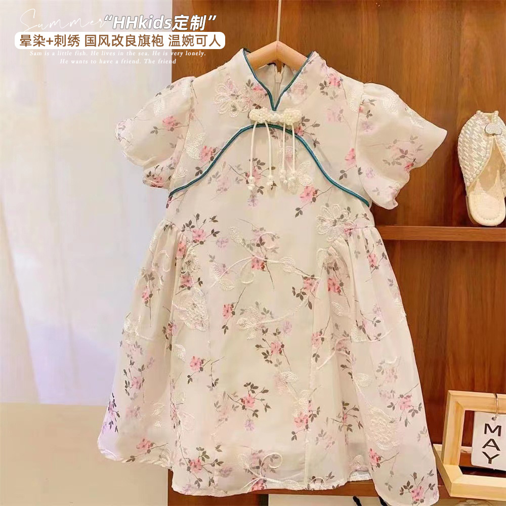 新品女童国风改良立领复古刺绣中国结盘扣旗袍裙2025中小童夏装