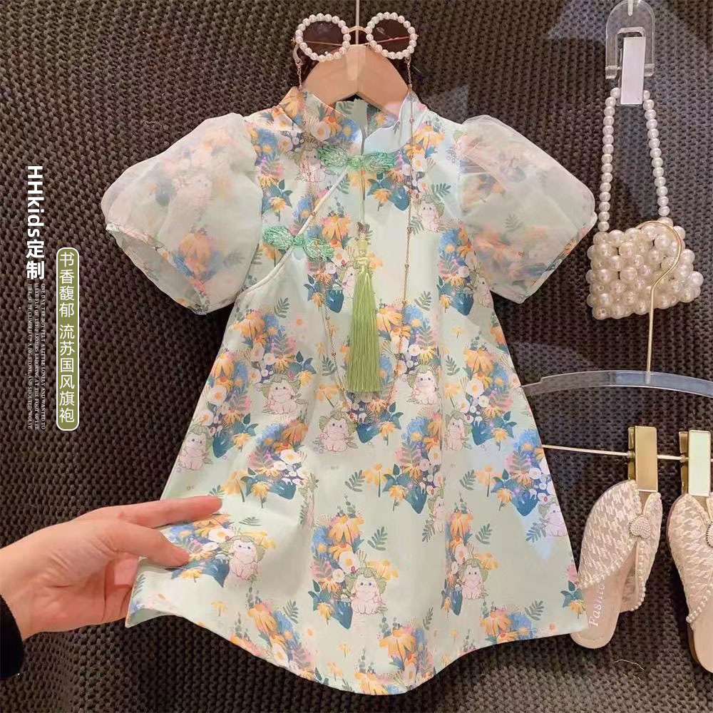 新品女童国风改良款碎花小兔气质泡泡短袖旗袍裙2025夏装连衣裙
