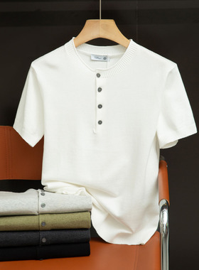 高级轻奢感夏男士针织衫复古纽扣小圆领休闲短袖T恤衫3226-D25227
