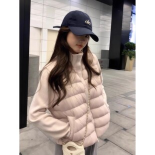 针织立领排骨拼接羽绒服女短款2025秋冬季新款小个子轻薄打底外套