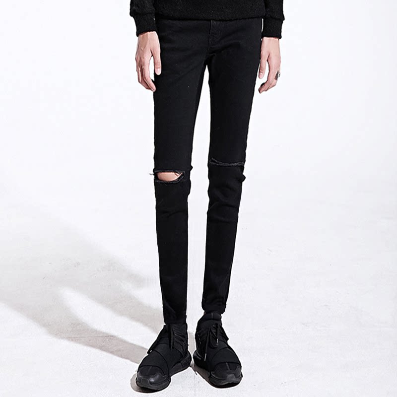 高弹力高品质am风格黑色高弹力一字破洞高街修身紧身小脚牛仔裤男